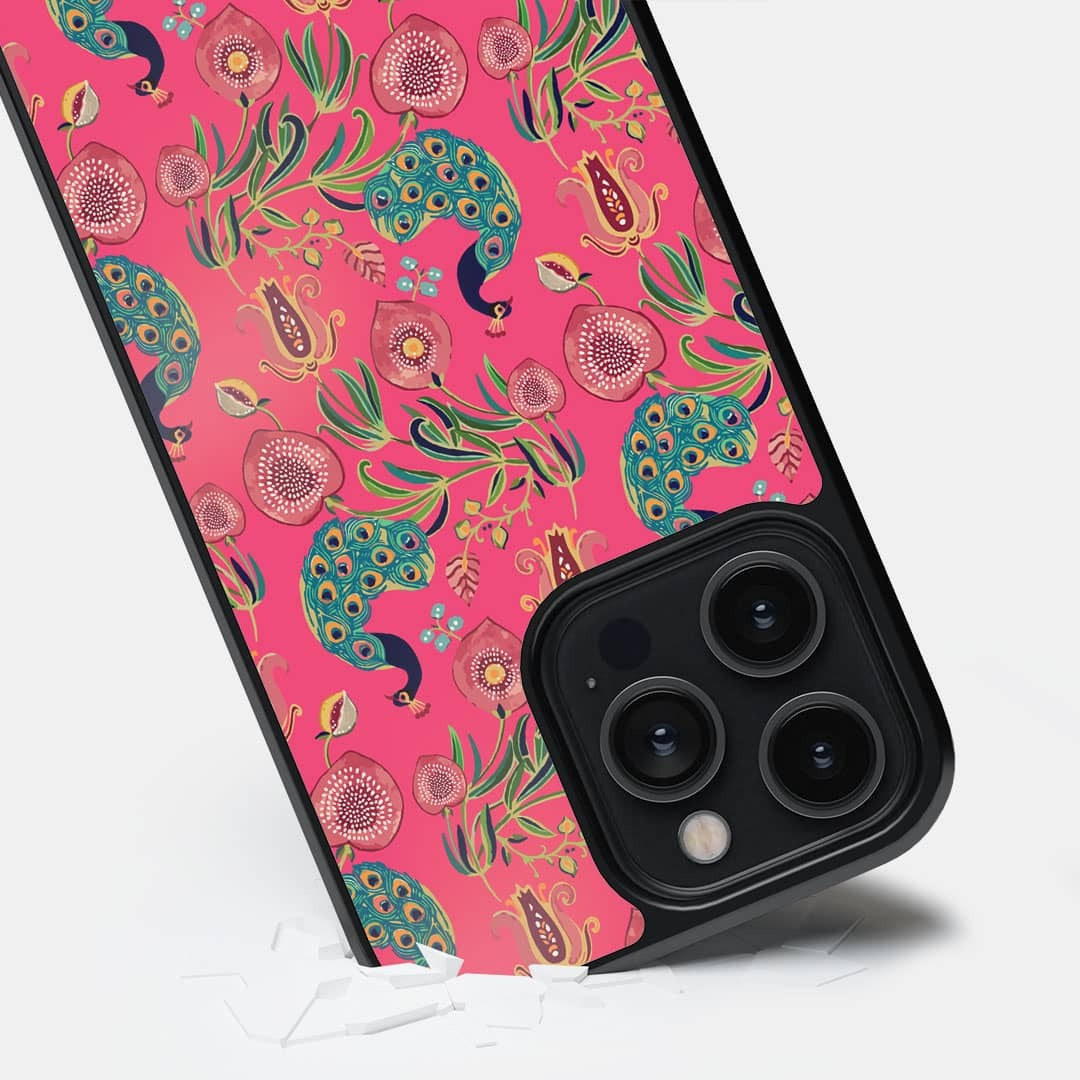 Payal Singhal Anaar and Mor Pink Glass iPhone Case for iPhone 14 Pro Max | Macmerise
