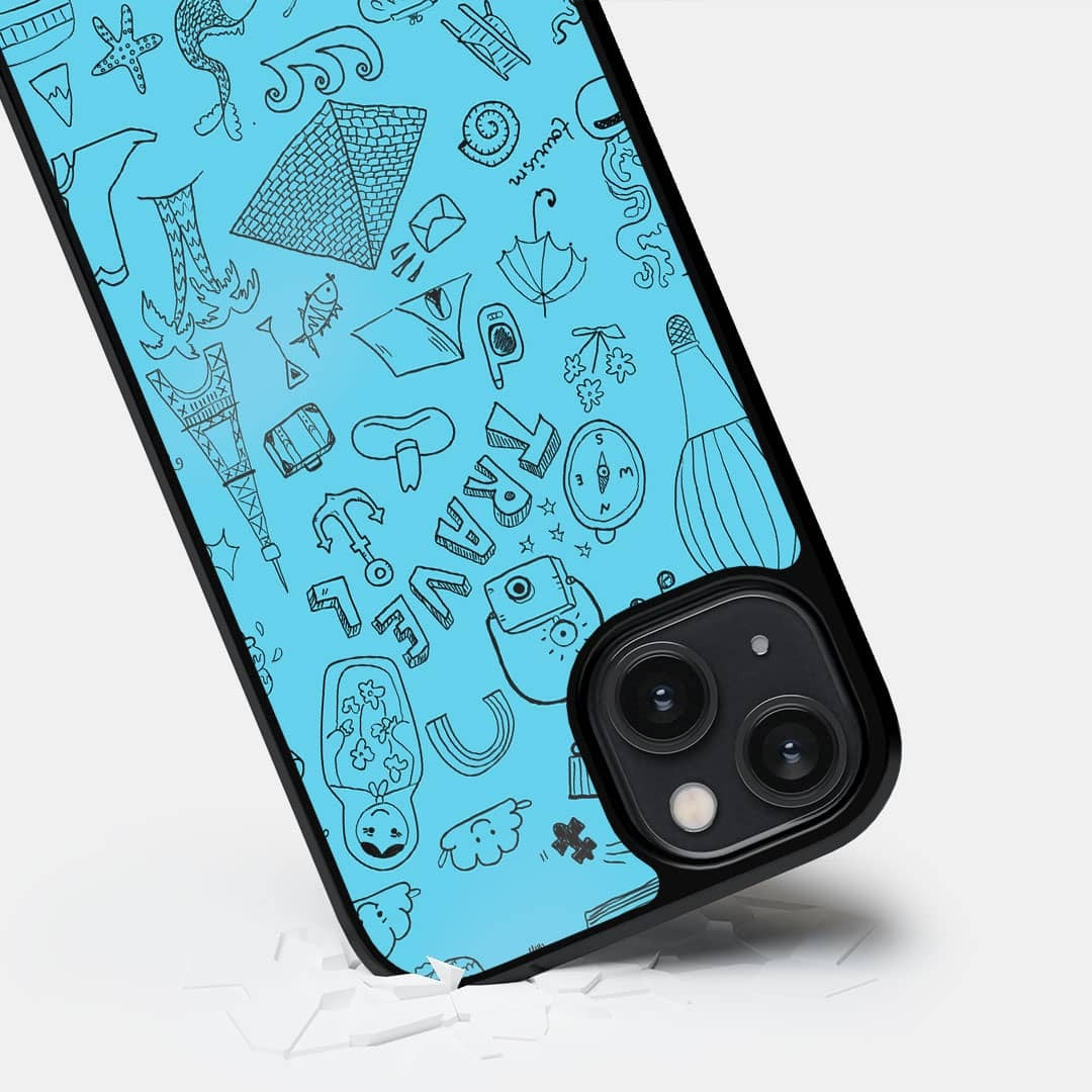 Travel Doodle Blue Glass iPhone Case for iPhone 14 | Macmerise