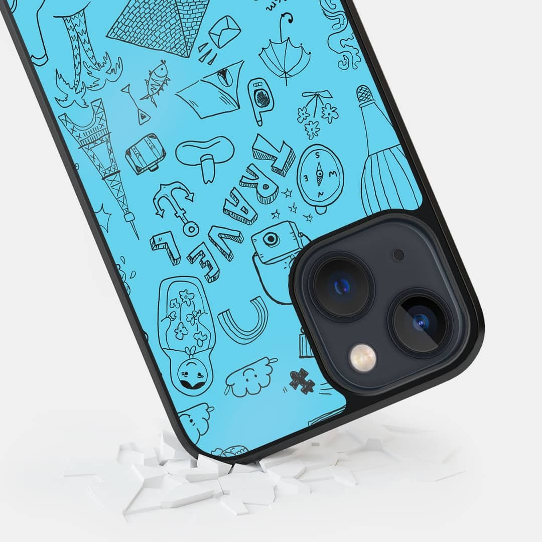 Travel Doodle iPhone 13 Mini Cover Blue - detail view | Macmerise