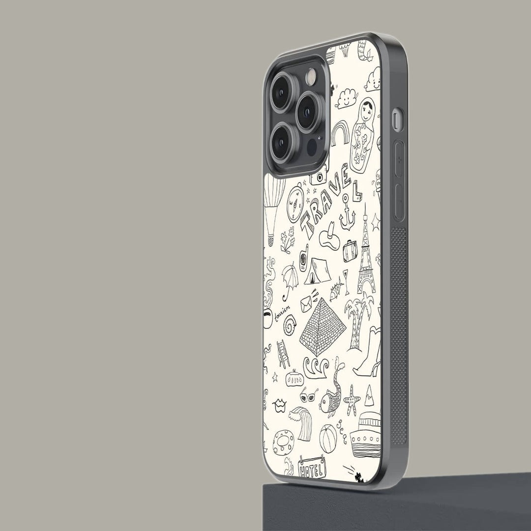 Travel Doodle White Glass iPhone Case for iPhone 14 Pro Max | Macmerise