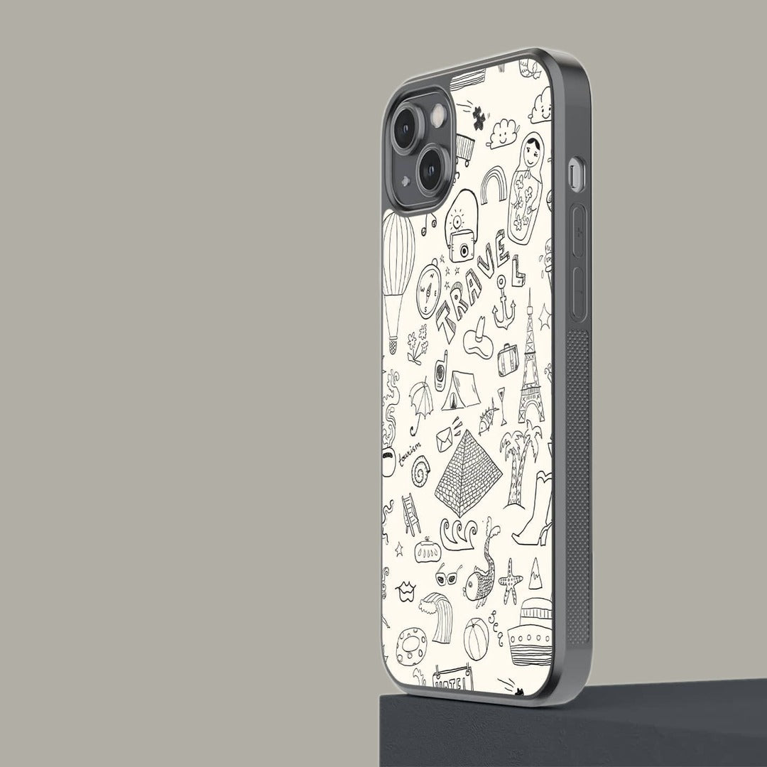 Travel Doodle White Glass iPhone Case for iPhone 14 Plus | Macmerise