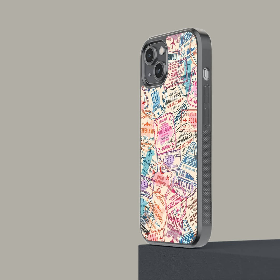 Immigration Stamps Beige Glass iPhone Case for iPhone 14 | Macmerise