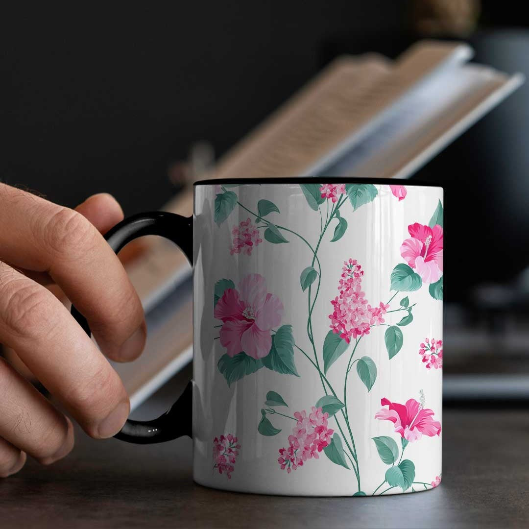 Sk Hibiscus Blush Black Coffee Mug | Macmerise