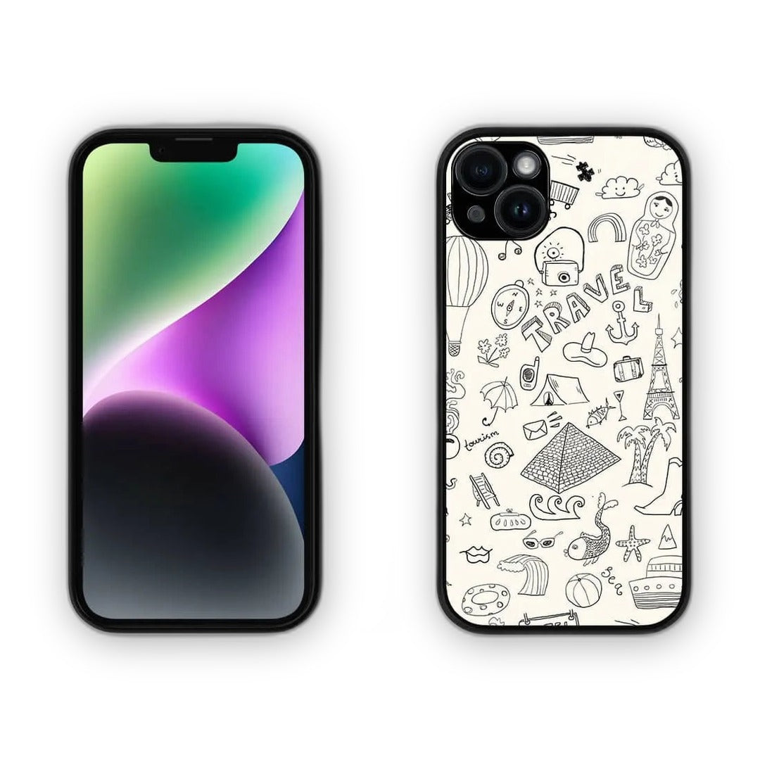 Travel Doodle White Glass iPhone Case for iPhone 14 Plus | Macmerise