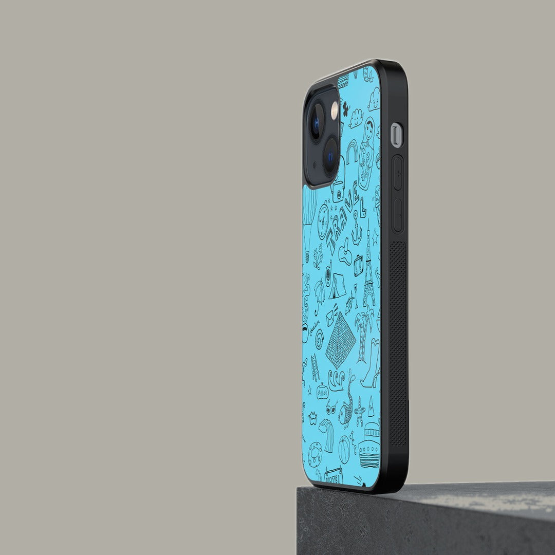 Travel Doodle iPhone 13 Mini Cover Blue - detail view | Macmerise