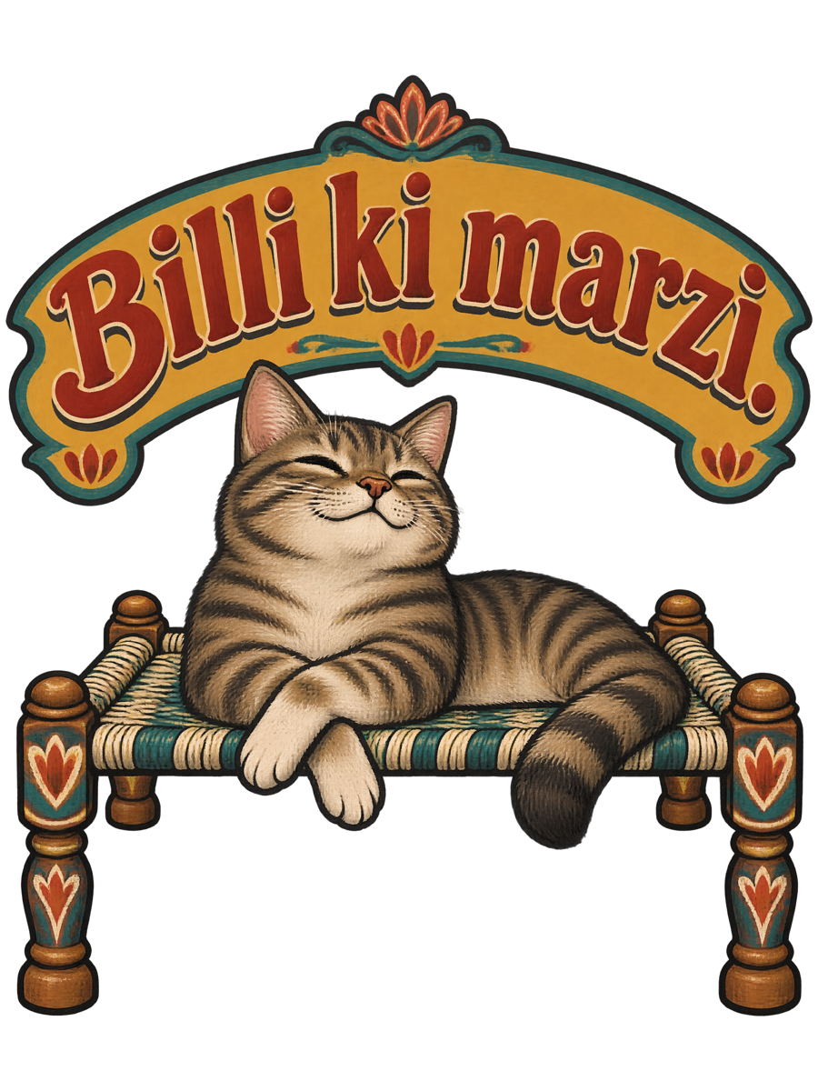 Fat arched signboard lettering reading Billi ki marzi in mustard with red shadowing, above a flat painted tabby cat lounging on a woven charpai with its front paws crossed and eyes half closed, looking very pleased with itself, teal and cream fills with thick black outlines (the design)