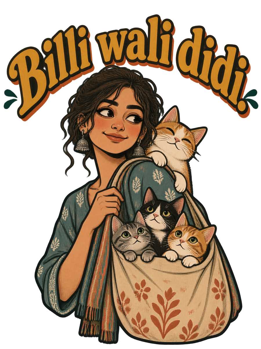 Hand-painted signboard lettering reading Billi wali didi in a fat mustard arch, above a flat painted young woman drawn from the shoulders up carrying a cloth jhola bag, three cats peeking out of the bag and one sitting on her shoulder, in deep teal, coral and cream with bold black outlines (the design)