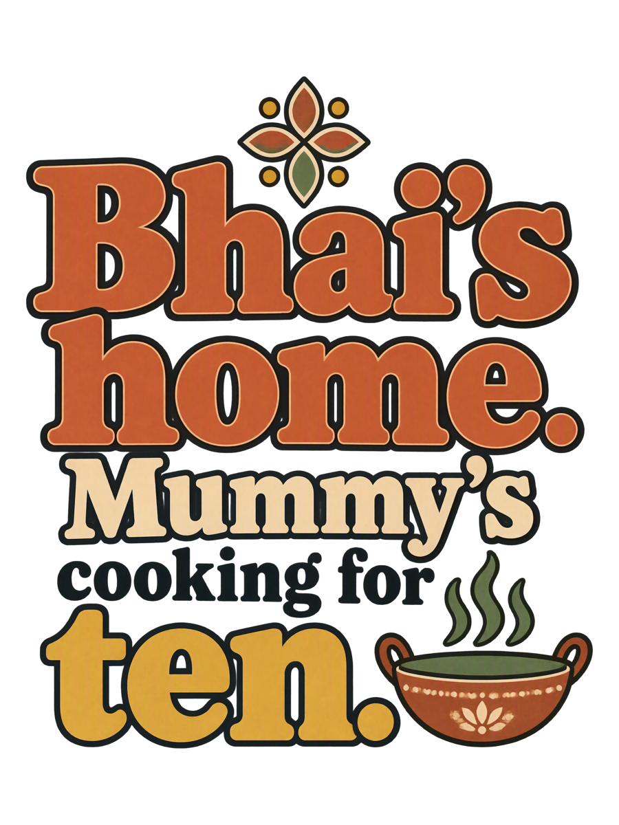 Three lines of type, the first two words large in chunky terracotta slab and the rest in charcoal serif with the final word enlarged in honey gold, a single-line sage kadhai with three steam curls beside the number and a tiny rangoli star capping the top. (the design)
