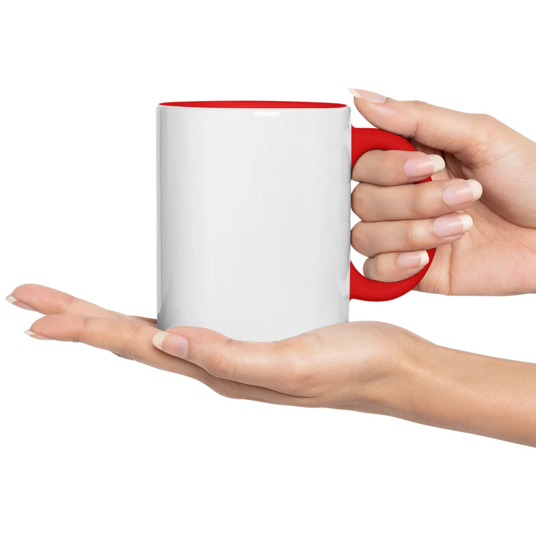 Design Your Own Coffee Mug, red handle, in hand