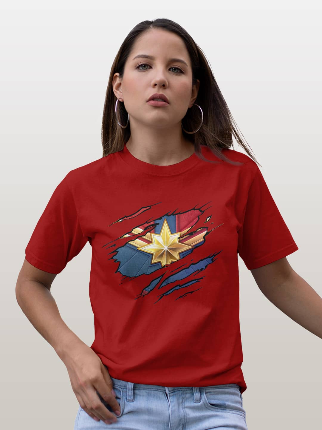 Ripped Captain Marvel - Boyfriend T-Shirt Red Large