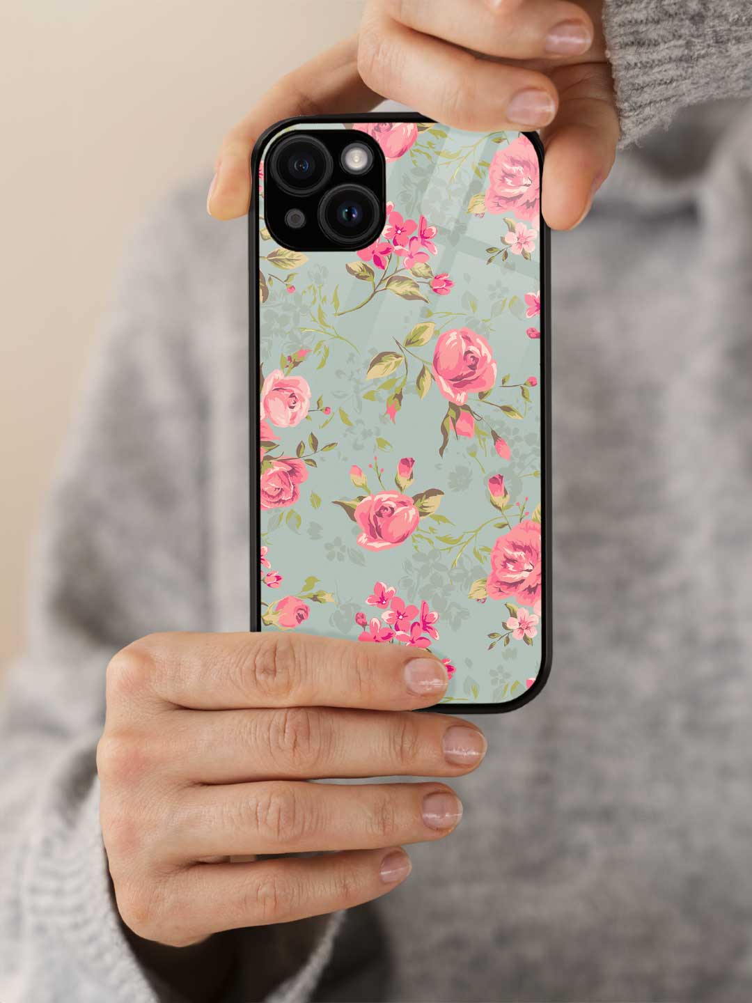 Teal Pink Flowers - iPhone 13 Mini Glass Cover