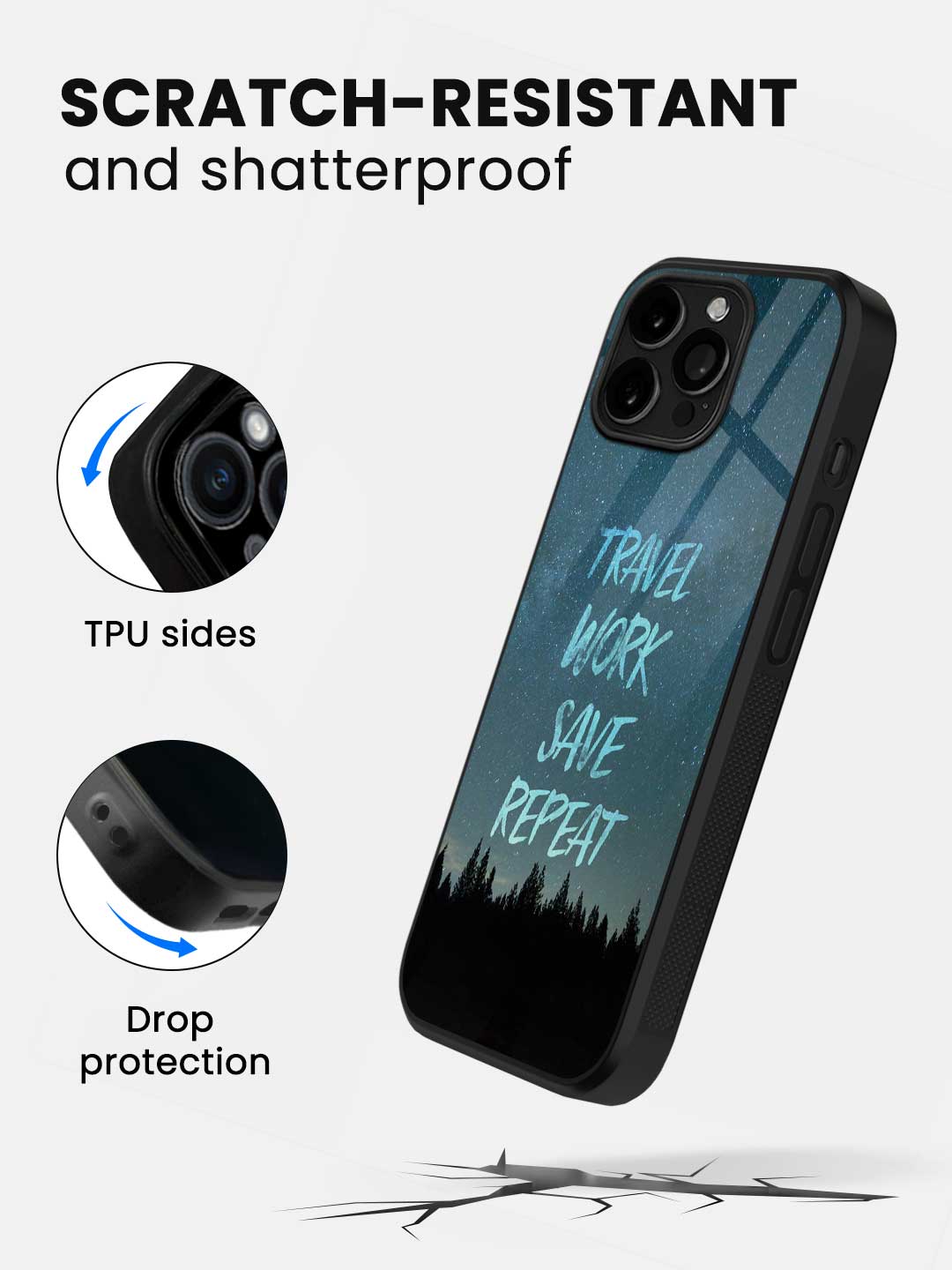 Travel Work Save Repeat - iPhone 13 Pro Glass Cover