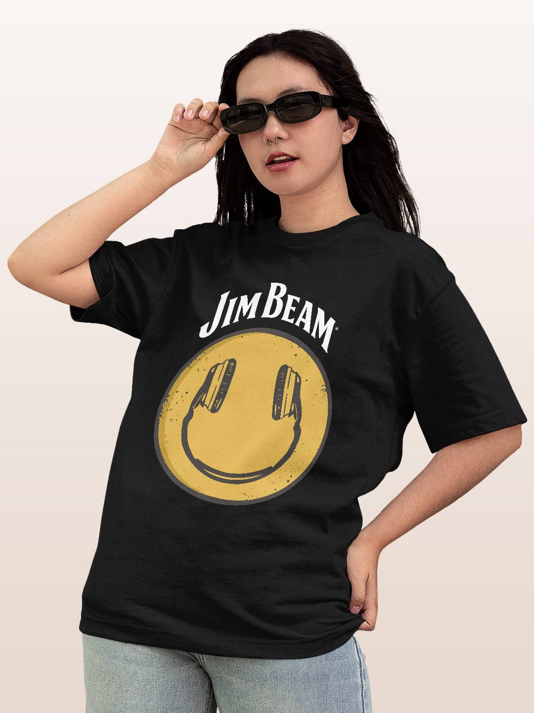 Jim Beam Smiley Black - Womens Oversized T-Shirt Black Small