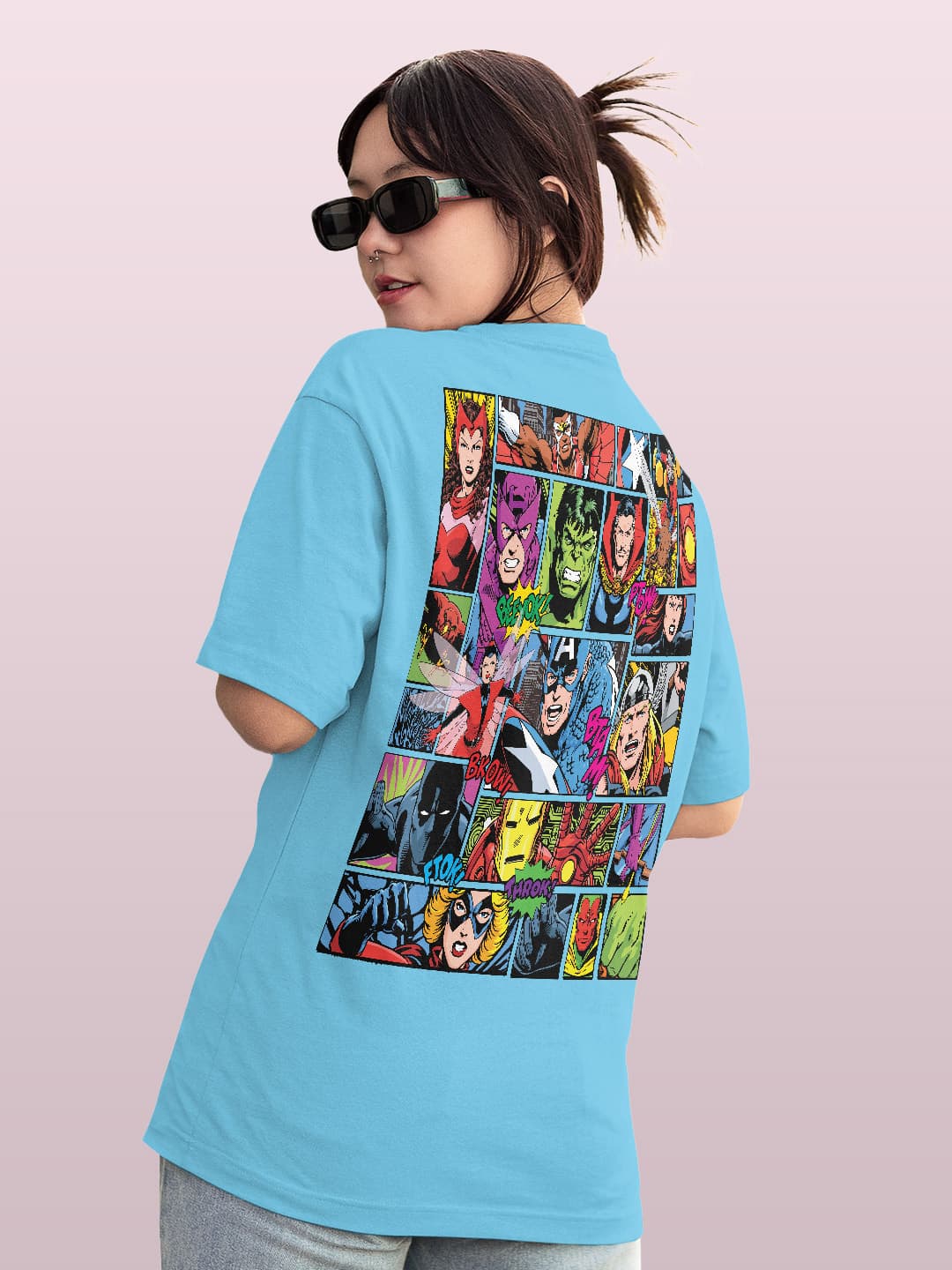 Comic Superheroes Mashup - Womens Oversized T-Shirt Sky Blue Small