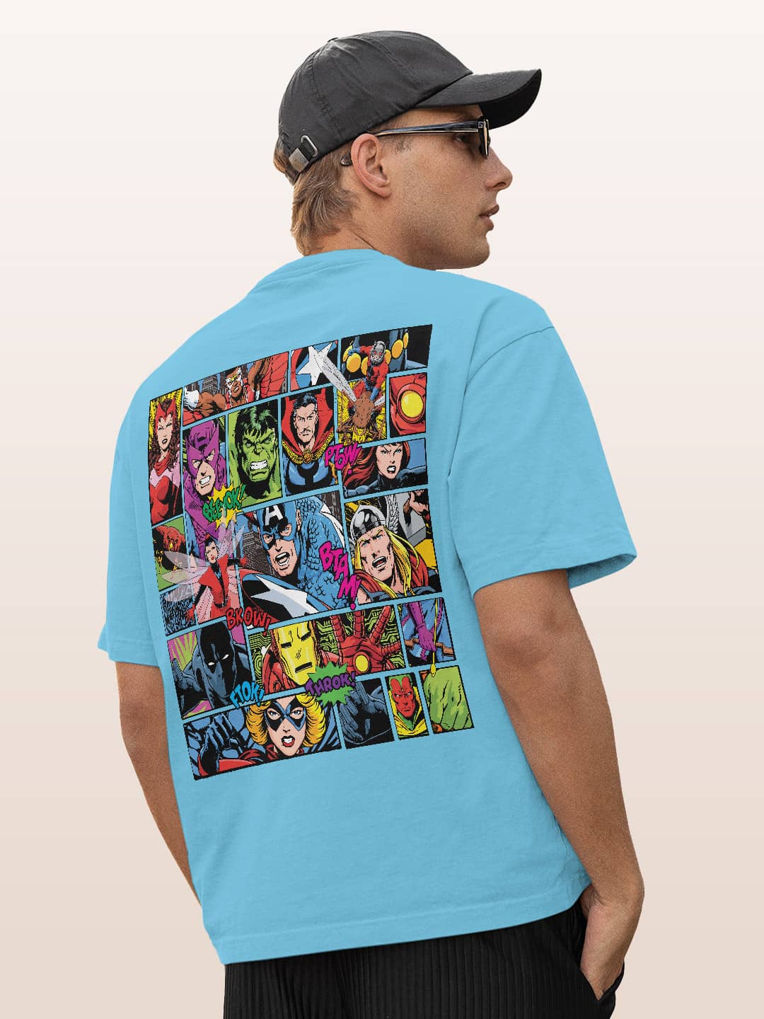 Comic Superheroes Mashup - Mens Oversized T-Shirt Sky Blue Small