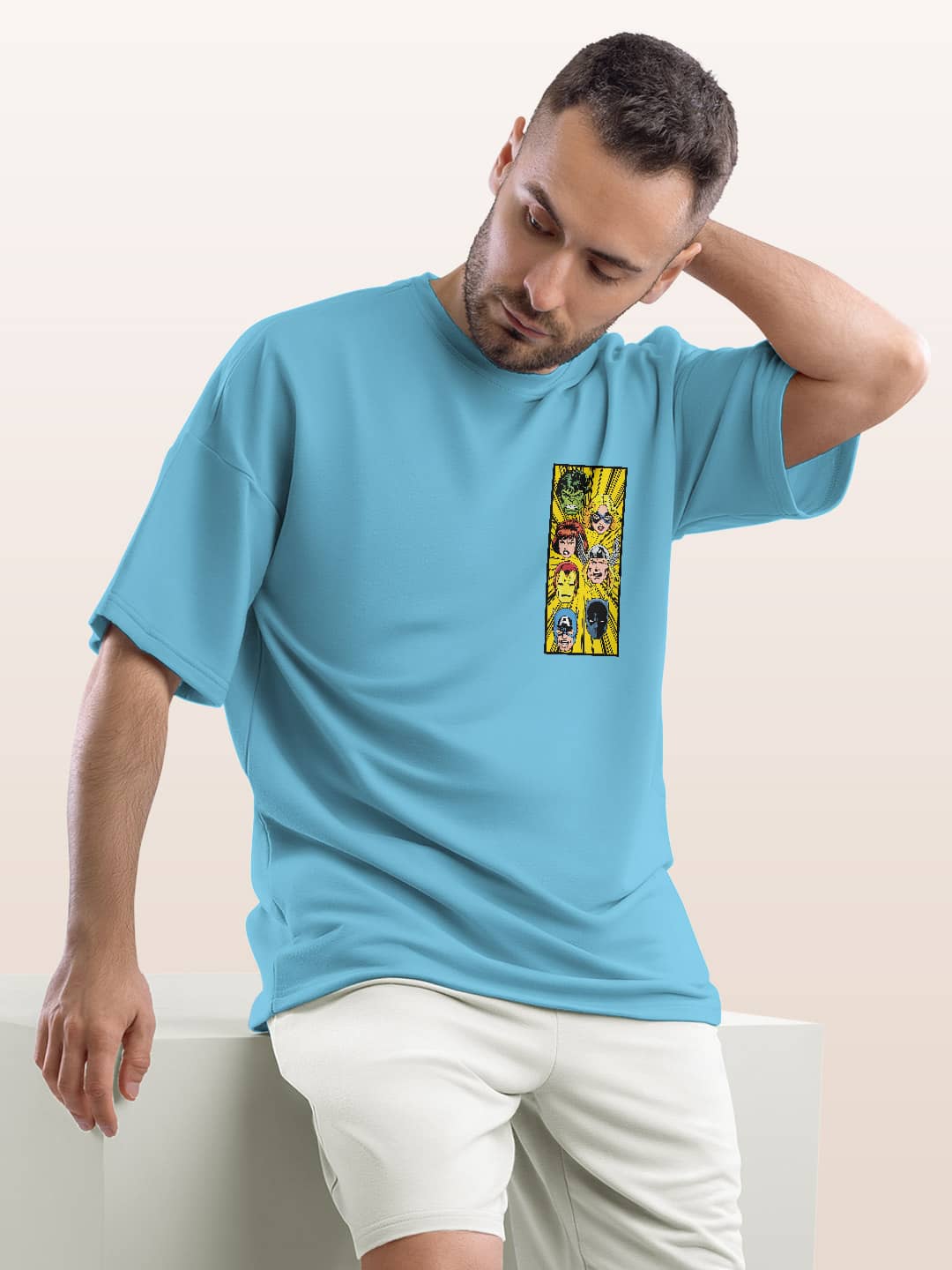 Comic Superheroes Mashup - Mens Oversized T-Shirt Sky Blue Small