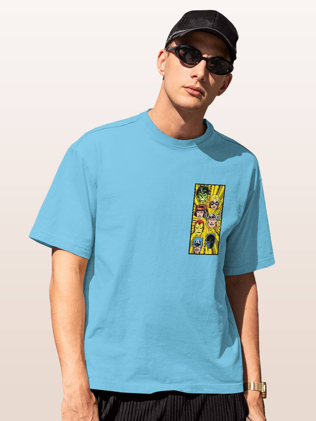 Comic Superheroes Mashup - Mens Oversized T-Shirt Sky Blue Small