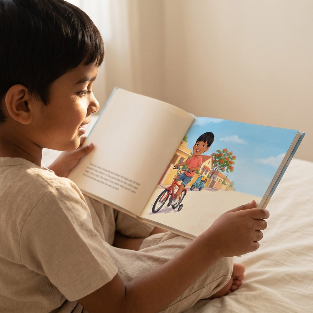 A child reading their Personalised Storybook, open to an illustrated spread