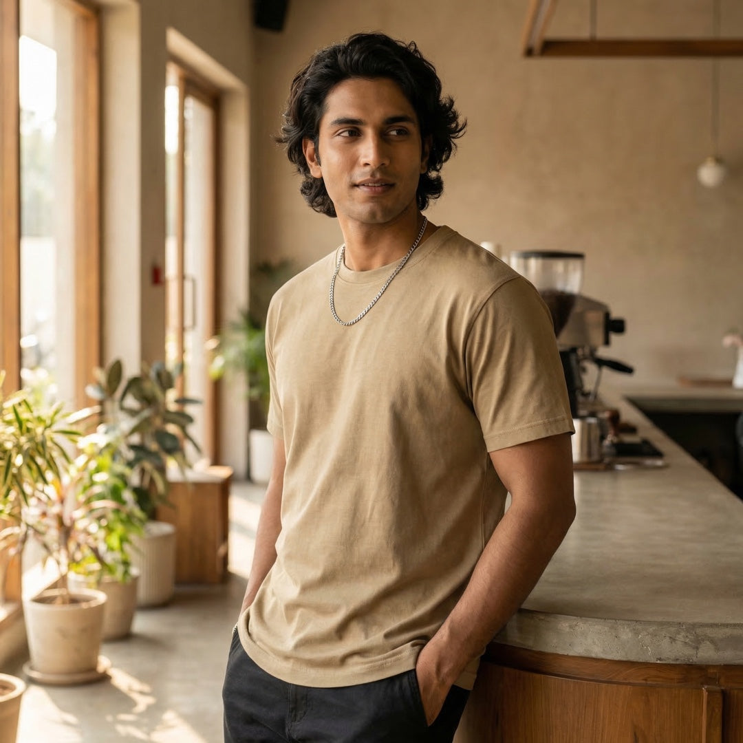 Basics Unisex T-Shirt Beige - back view | Macmerise