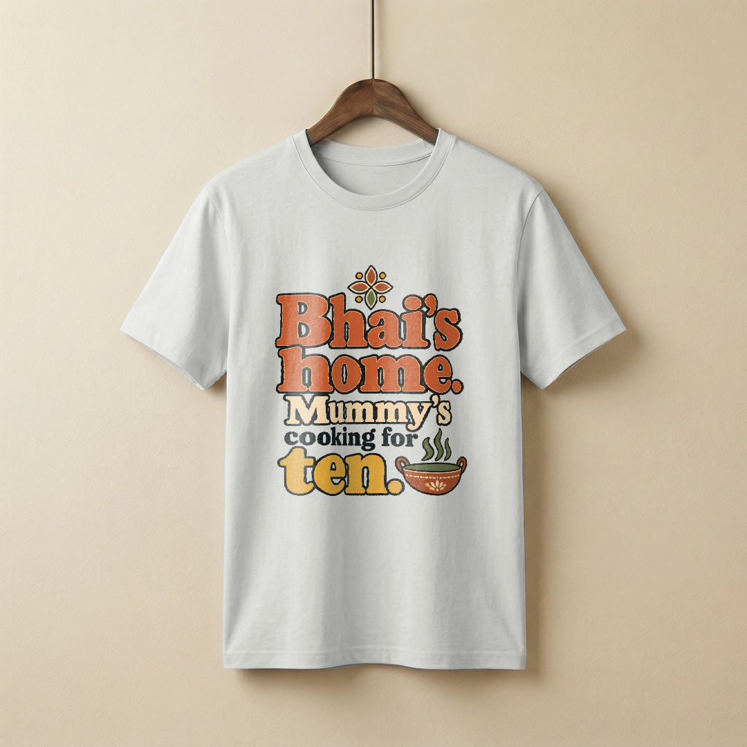 Three lines of type, the first two words large in chunky terracotta slab and the rest in charcoal serif with the final word enlarged in honey gold, a single-line sage kadhai with three steam curls beside the number and a tiny rangoli star capping the top., on a white t-shirt