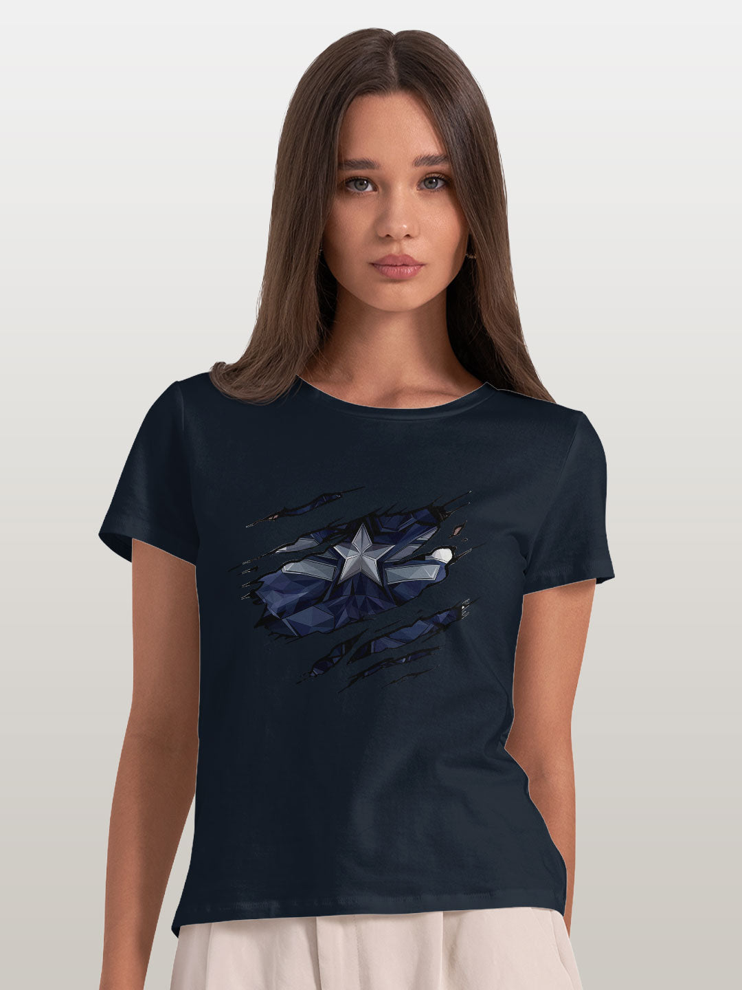 Ripped Captain America - Womens T-Shirt Navy Blue XXL