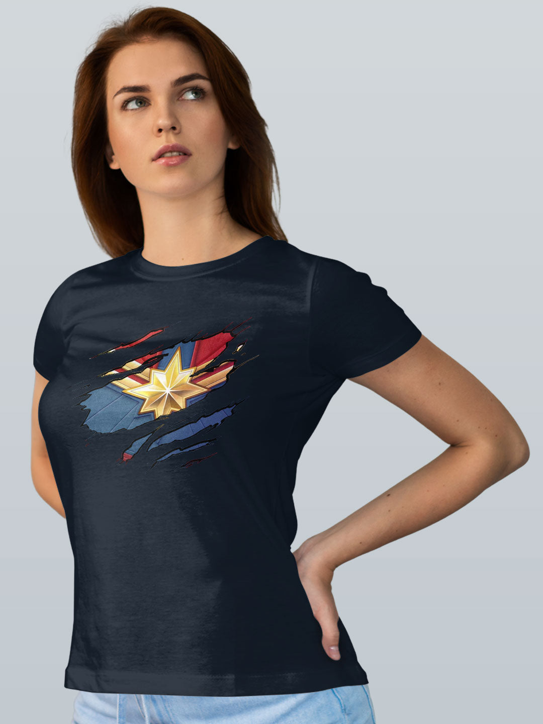 Ripped Captain Marvel - Womens T-Shirt - Regular Fit - Navy Blue - XXL