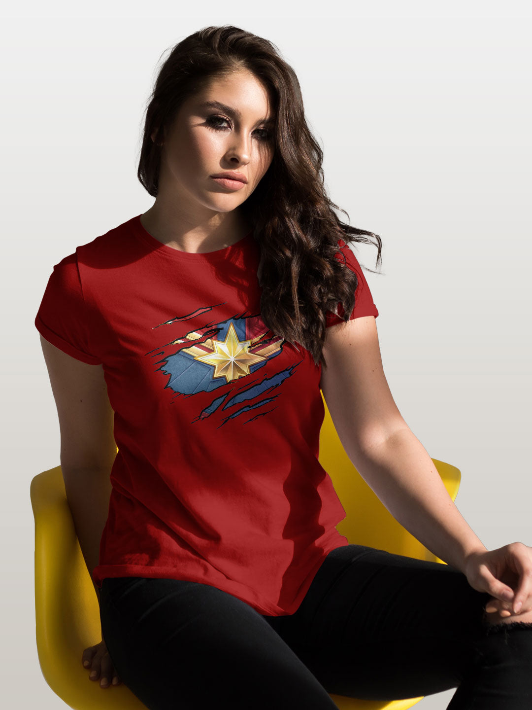 Ripped Captain Marvel - Womens T-Shirt Red Large