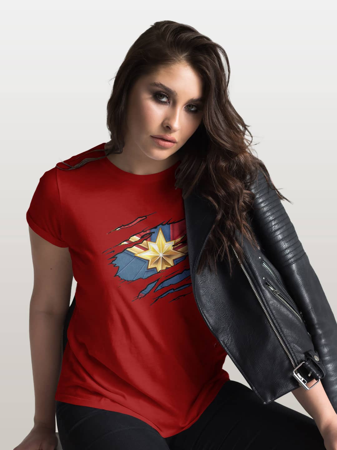 Ripped Captain Marvel - Womens T-Shirt Red Large