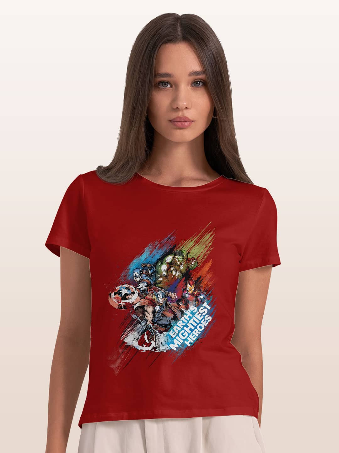 Earths Mightiest Heroes - Womens T-Shirt Red Large