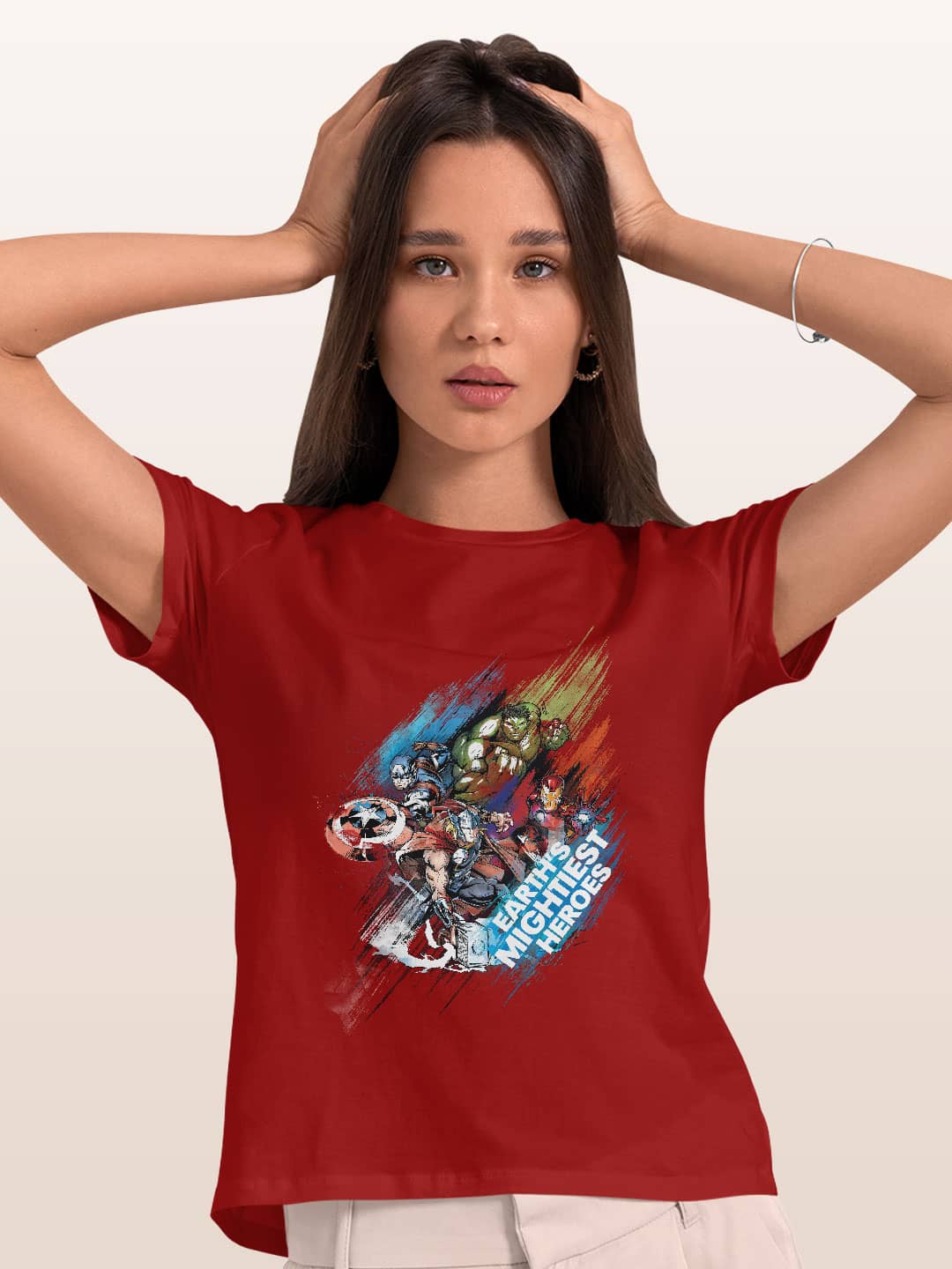 Earths Mightiest Heroes - Womens T-Shirt Red Large