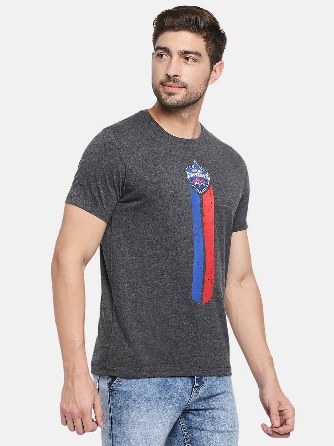 Delhi Capitals Logo Stripes - Mens T-Shirt Grey Melange Large