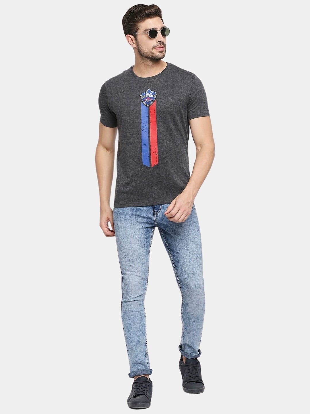 Delhi Capitals Logo Stripes - Mens T-Shirt Grey Melange Medium
