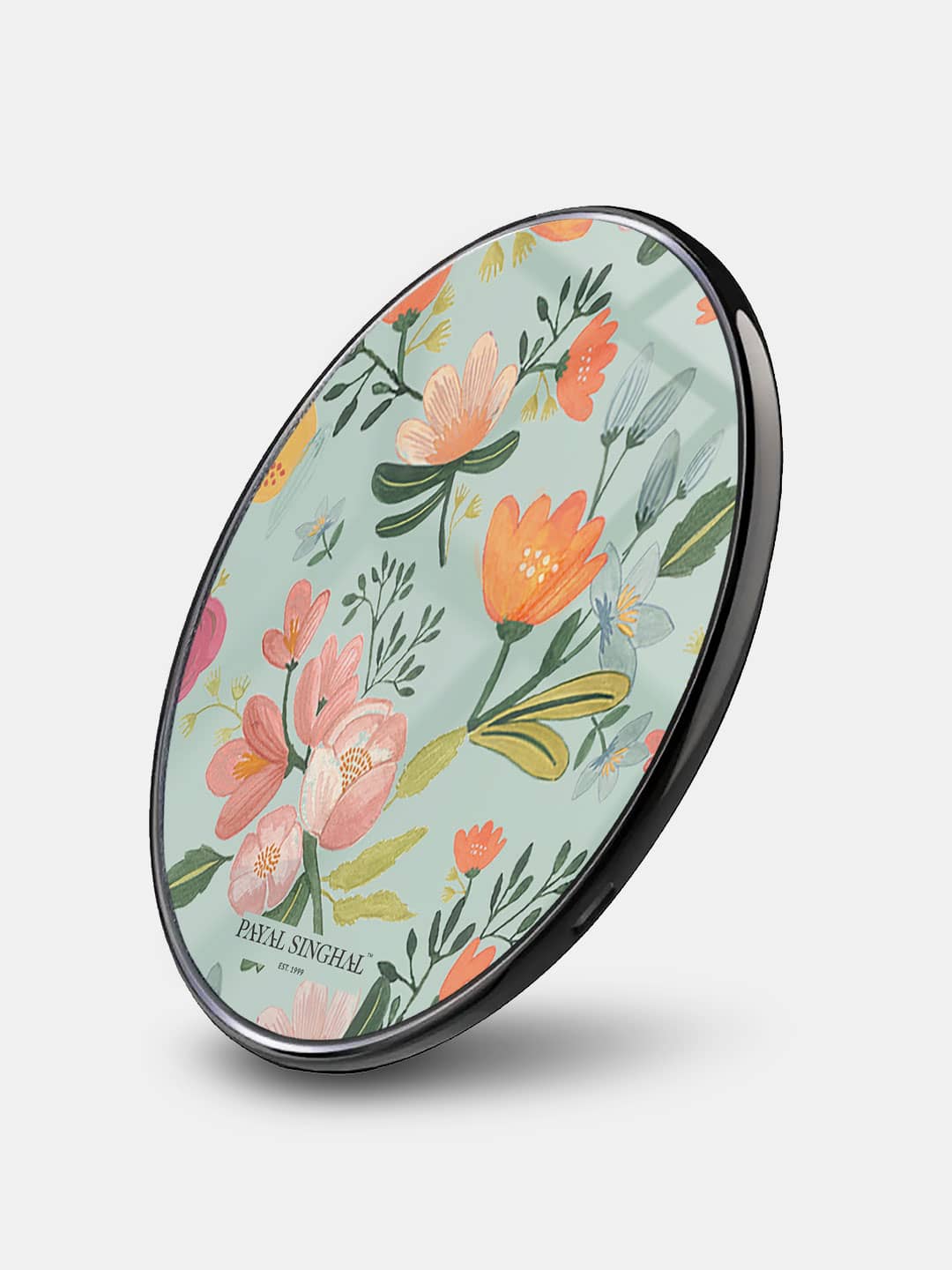 Payal Singhal Aqua Handpainted Flower - Wireless Charger 15W Glass